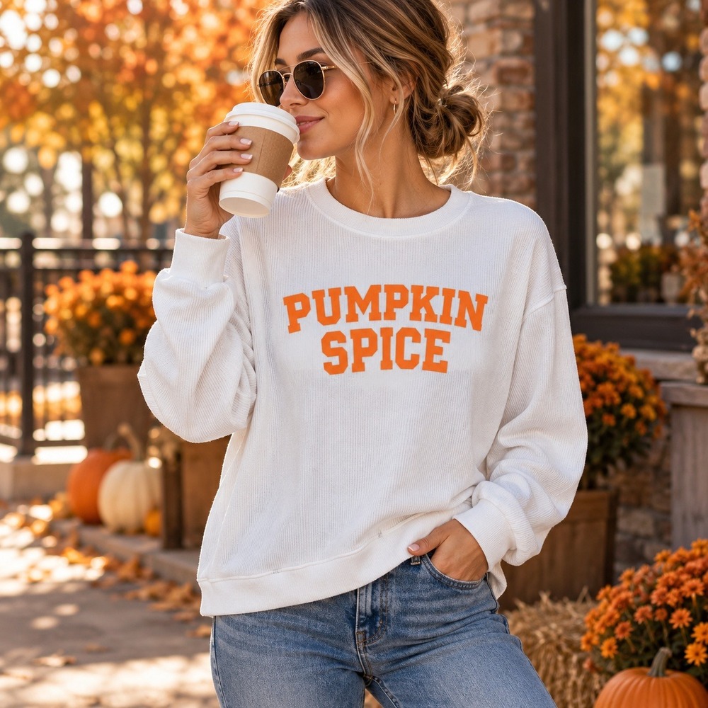 Pumpkin Spice White Ribbed Long Sleeve Top Orange Graphic Fall Cozy L